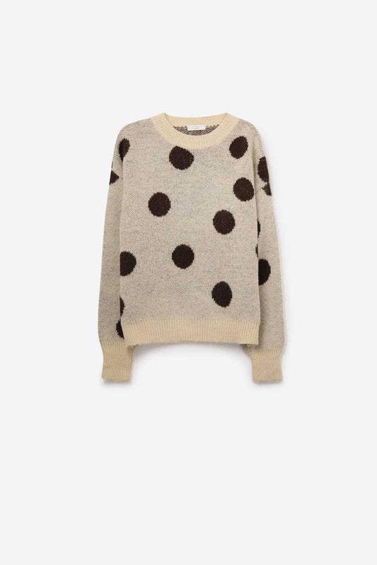 Maglione girocollo crema con pois marroni