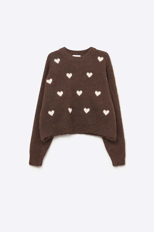 Maglione girocollo marrone con cuori a righe