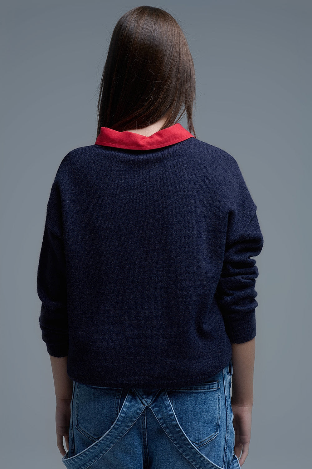 Maglione girocollo navy con cuori ricamati multicolor