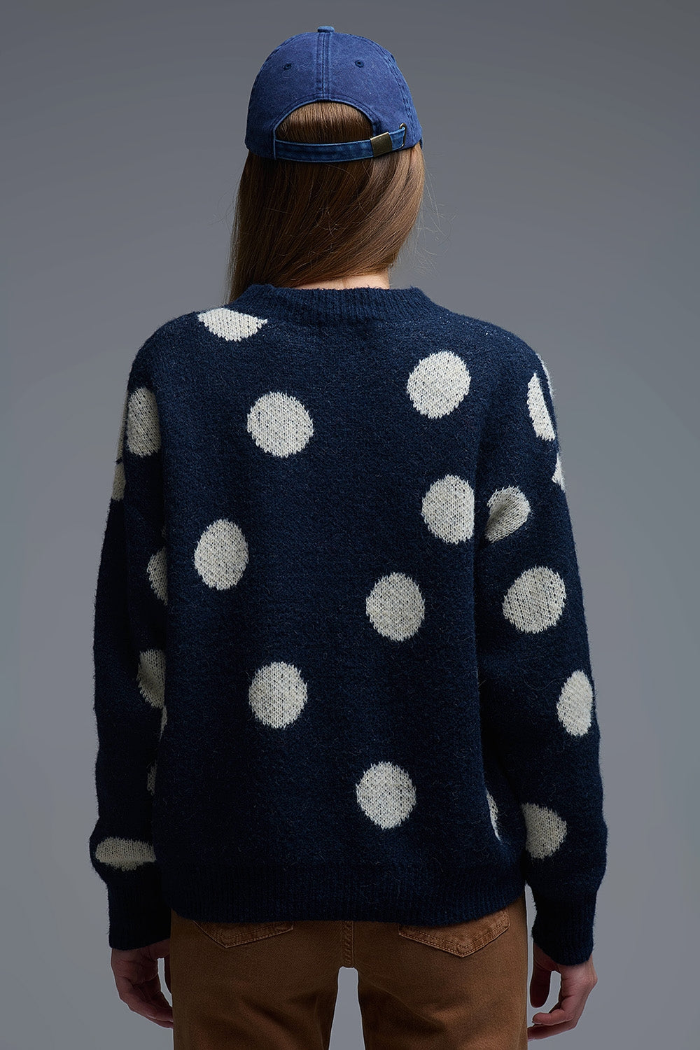 Maglione girocollo navy con pois crema