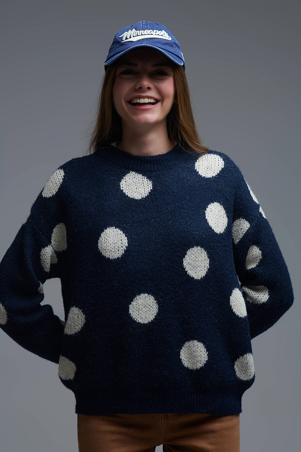 Q2 Maglione girocollo navy con pois crema