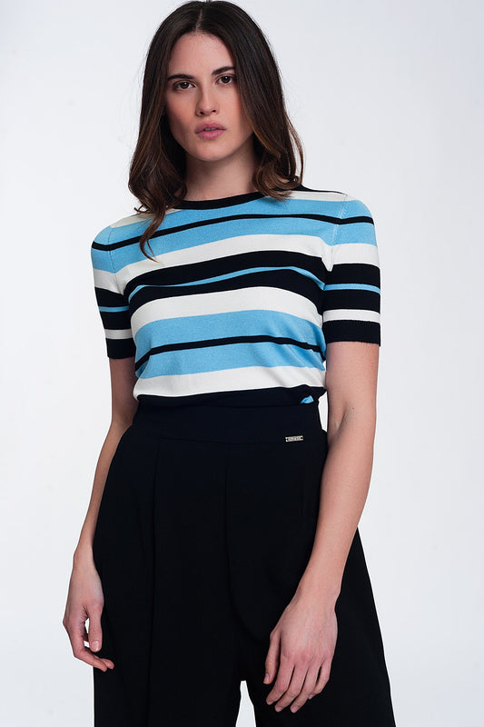 Q2 Maglione girocollo squadrato multi righe blu