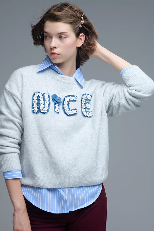Q2 Maglione grigio a girocollo con ricamo