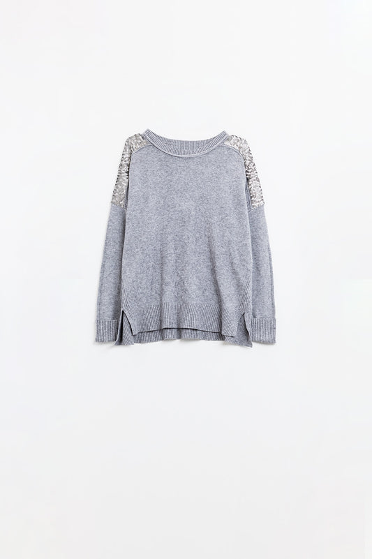 Q2 maglione grigio a maniche lunghe con paillettes sulle spalle