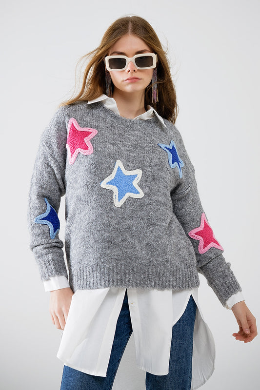 Q2 maglione grigio con stelle ricamate