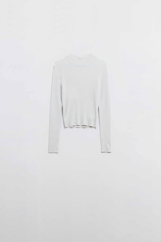 Maglione grigio glitterato con collo a triangolo e maniche lunghe