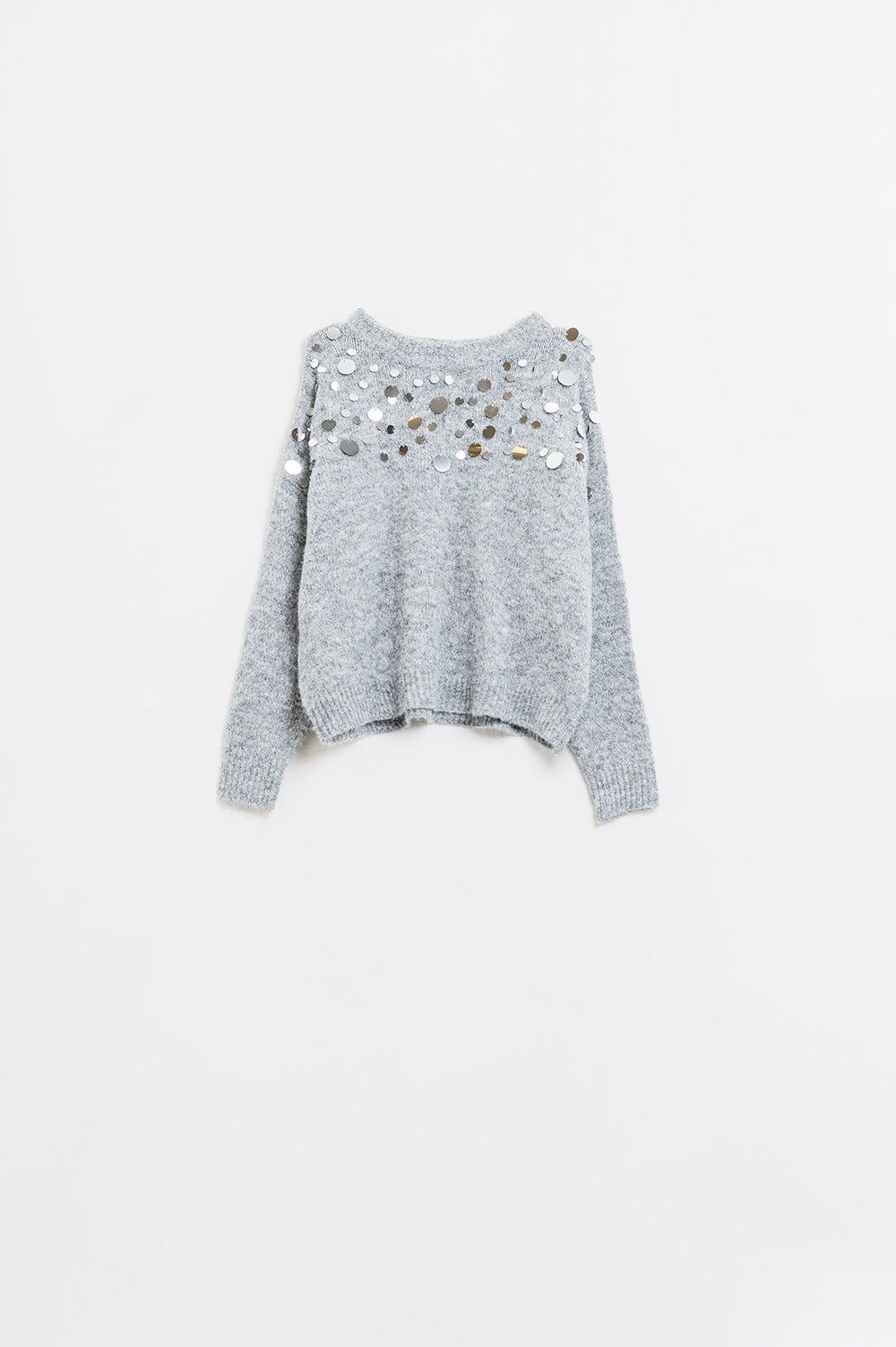 Q2 Maglione grigio in maglia morbida con grandi dettagli in paillettes
