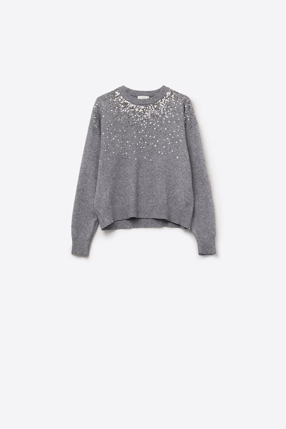 Q2 Maglione grigio in maglia morbida impreziosito da paillettes sul davanti