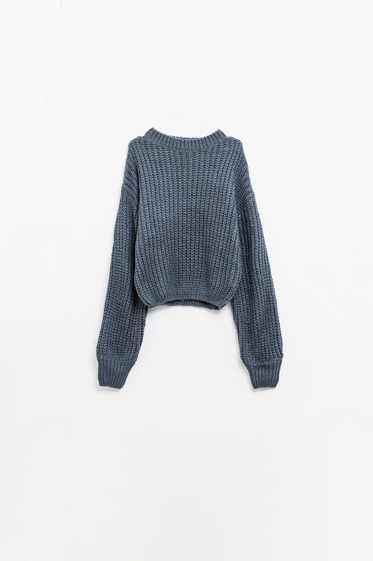 Q2 Maglione grigio scuro in maglia grossa con maniche a palloncino