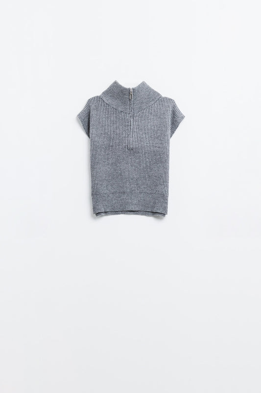Q2 Maglione grigio senza maniche a collo alto con chiusura a zip