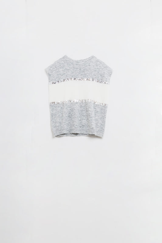 Maglione grigio senza maniche con dettagli in paillettes