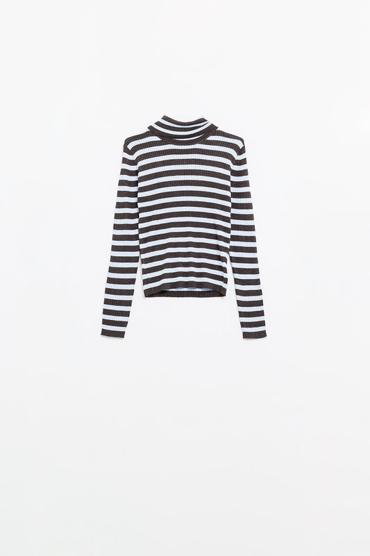 Q2 Maglione in lana a maglia fine a righe blu e marroni
