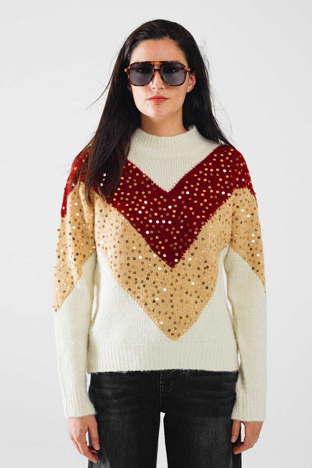 Q2 maglione in maglia a blocchi di colore bordeaux e beige con paillettes