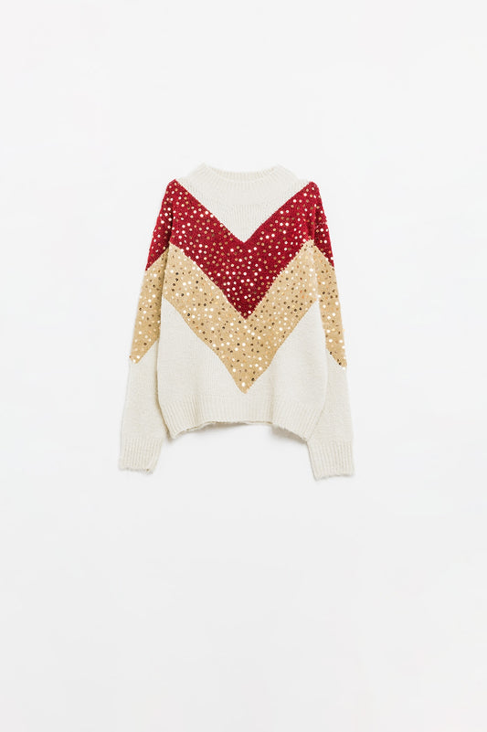 maglione in maglia a blocchi di colore bordeaux e beige con paillettes