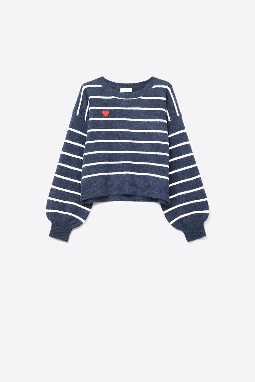 Q2 Maglione in maglia a righe blu navy con dettaglio cuore rosso