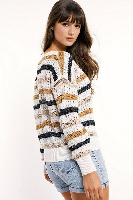 Q2 Maglione in maglia bianca a righe multicolori