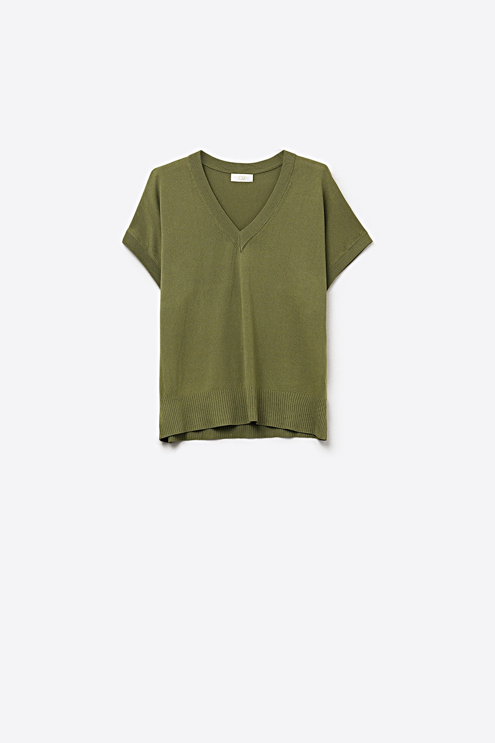 Q2 Maglione in maglia fine con scollo a V in colore kaki