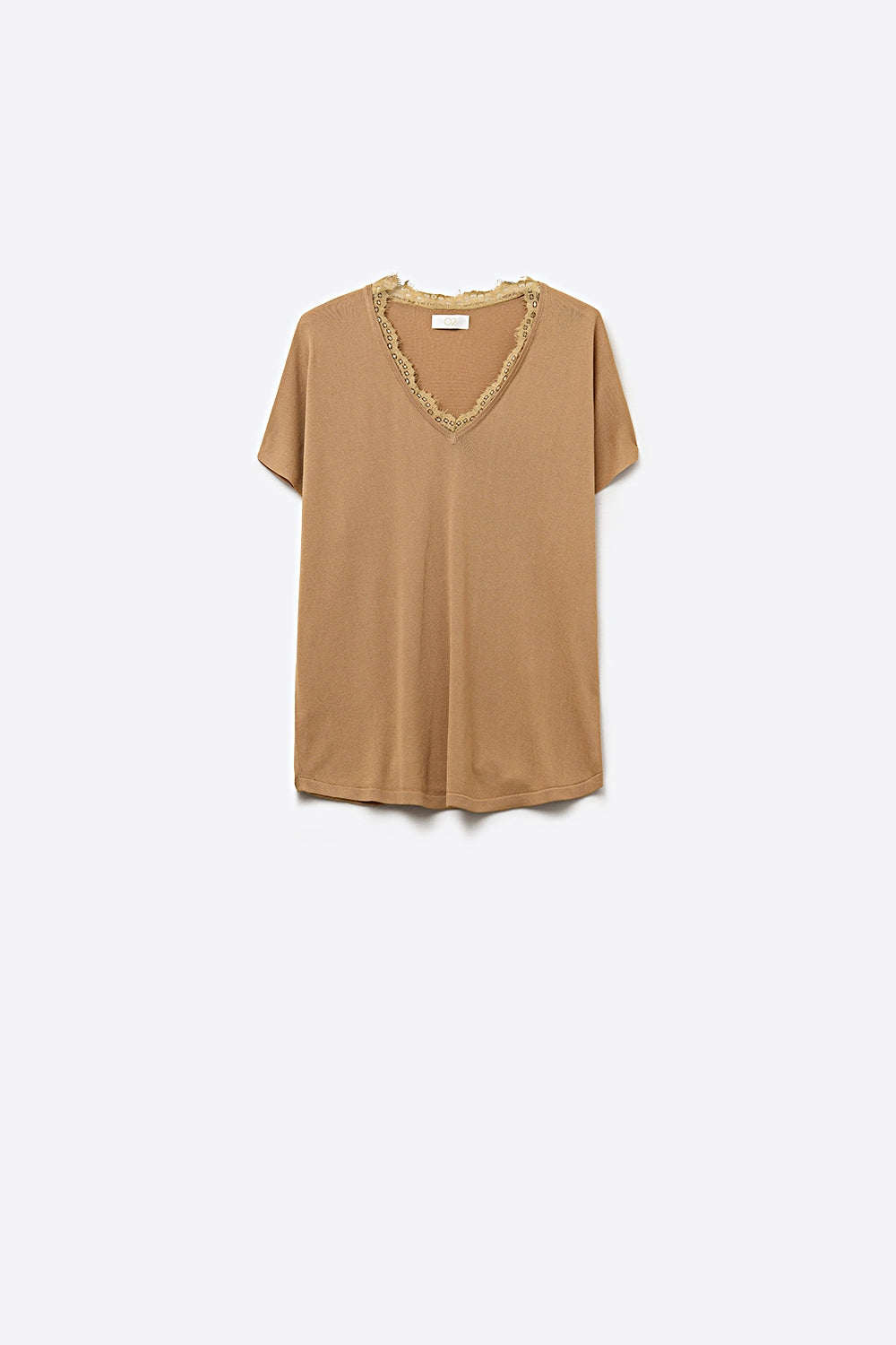 Q2 Maglione in maglia fine e morbida con scollatura a V e bordo in pizzo color cammello