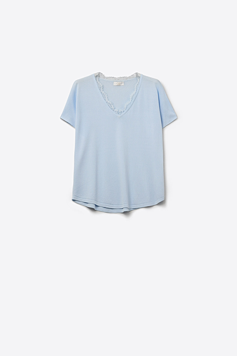 Q2 Maglione in maglia fine e morbida con scollatura a V e bordo in pizzo in azzurro baby