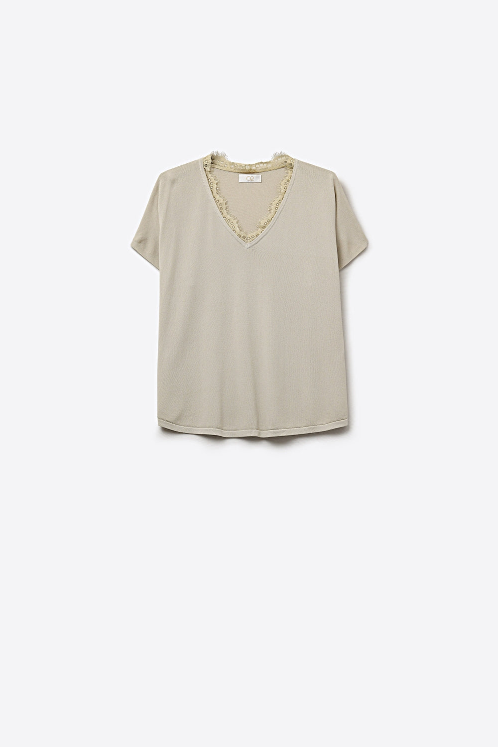 Q2 Maglione in maglia fine e morbida con scollatura a V e bordo in pizzo in beige
