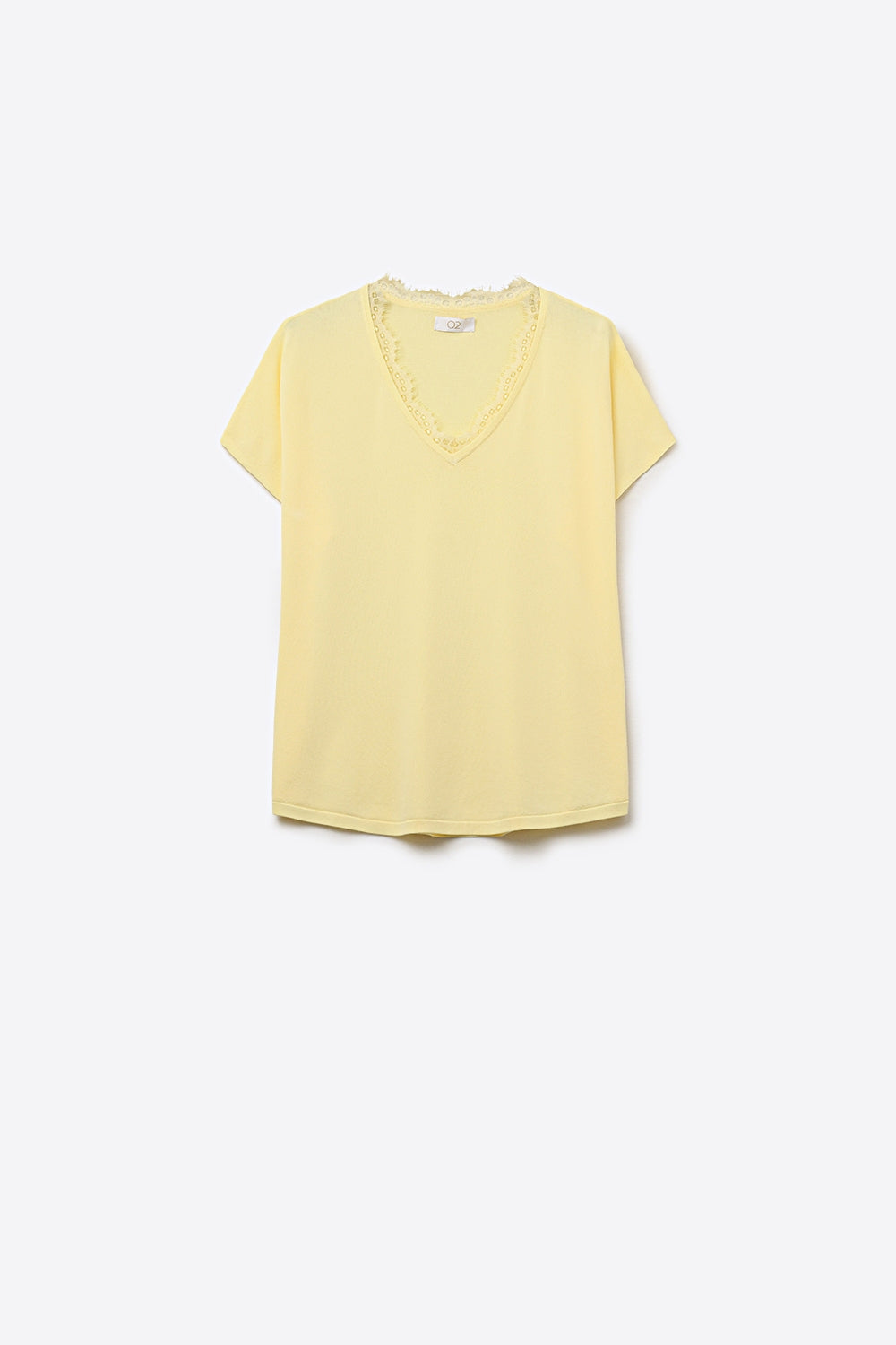 Q2 Maglione in maglia fine e morbida con scollatura a V e bordo in pizzo in giallo