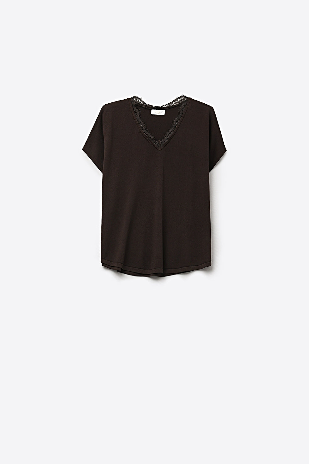Q2 Maglione in maglia fine e morbida con scollatura a V e bordo in pizzo in marrone