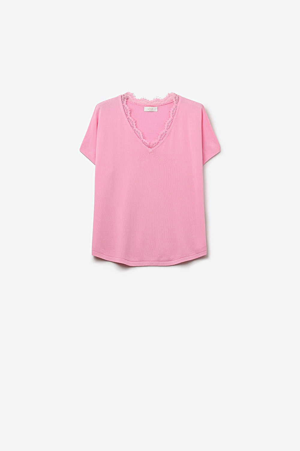 Q2 Maglione in maglia fine e morbida con scollatura a V e bordo in pizzo in rosa