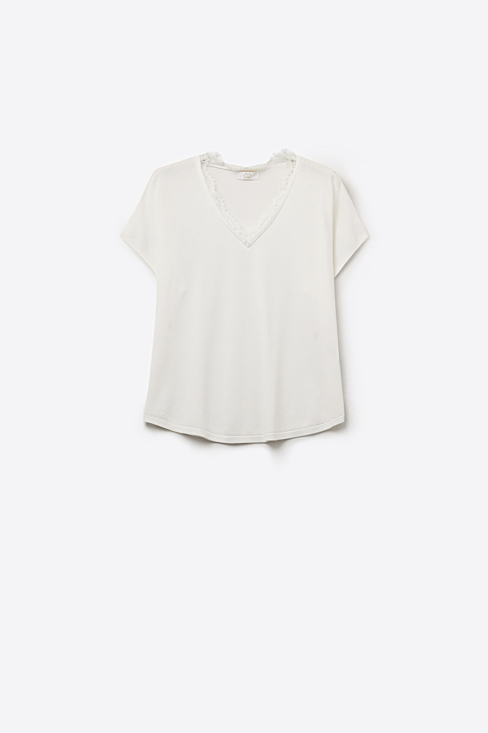 Q2 Maglione in maglia fine e morbida con scollo a V e bordo in pizzo in bianco