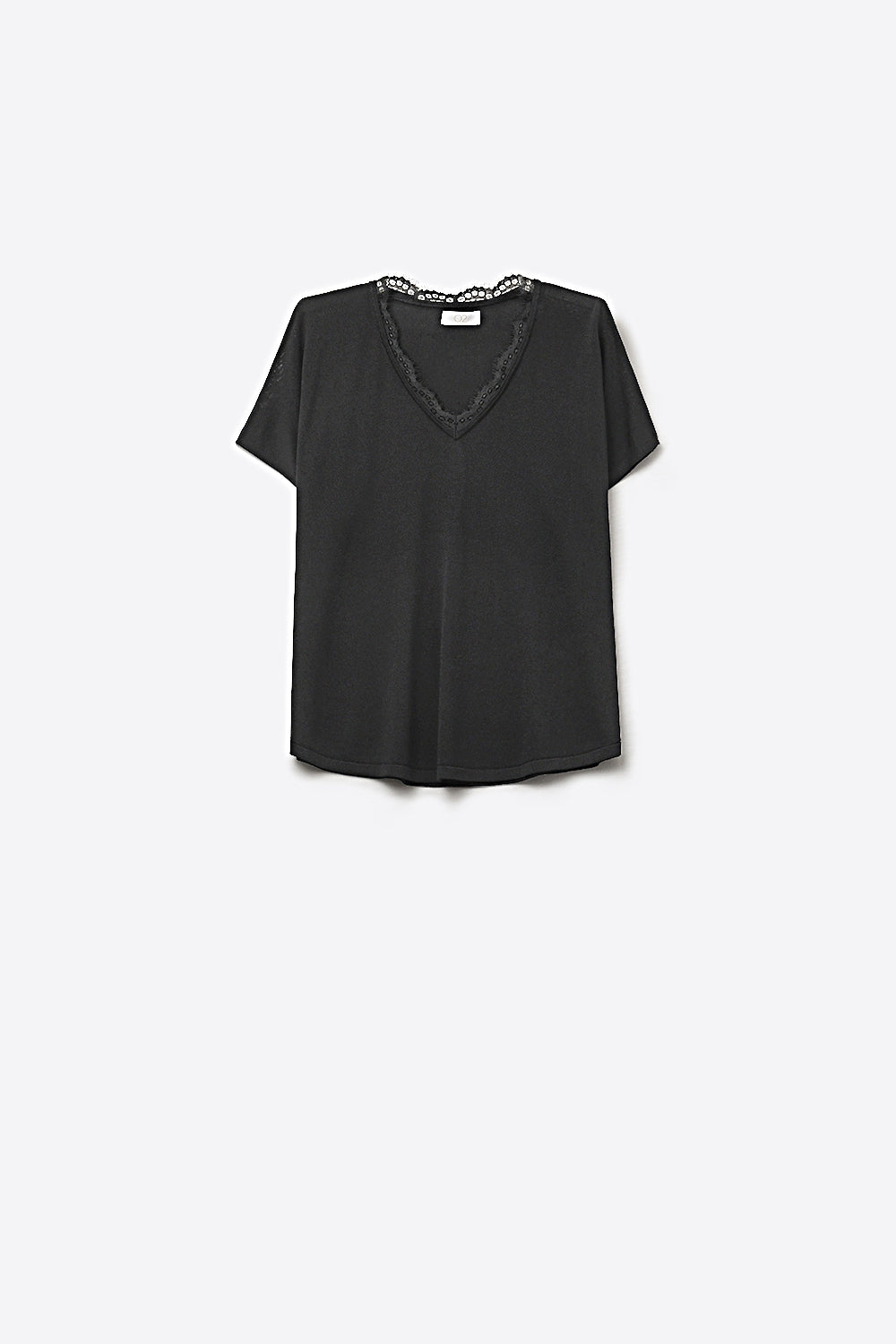Q2 Maglione in maglia fine e morbida con scollo a V e finiture in pizzo in nero