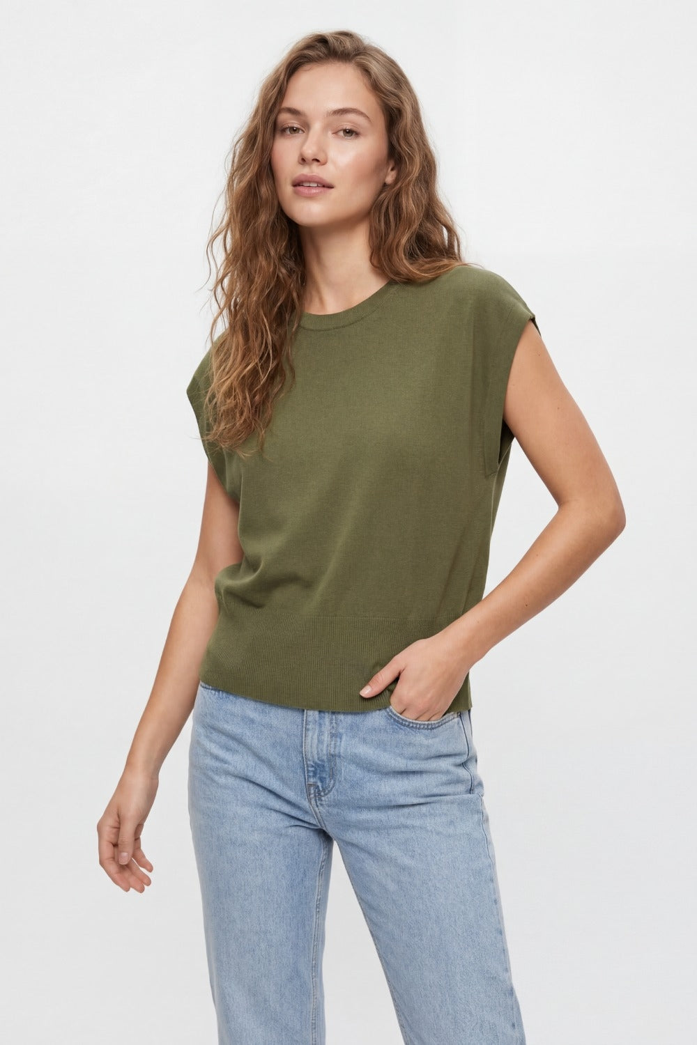 Maglione in maglia leggera con ampia fascia a coste in kaki