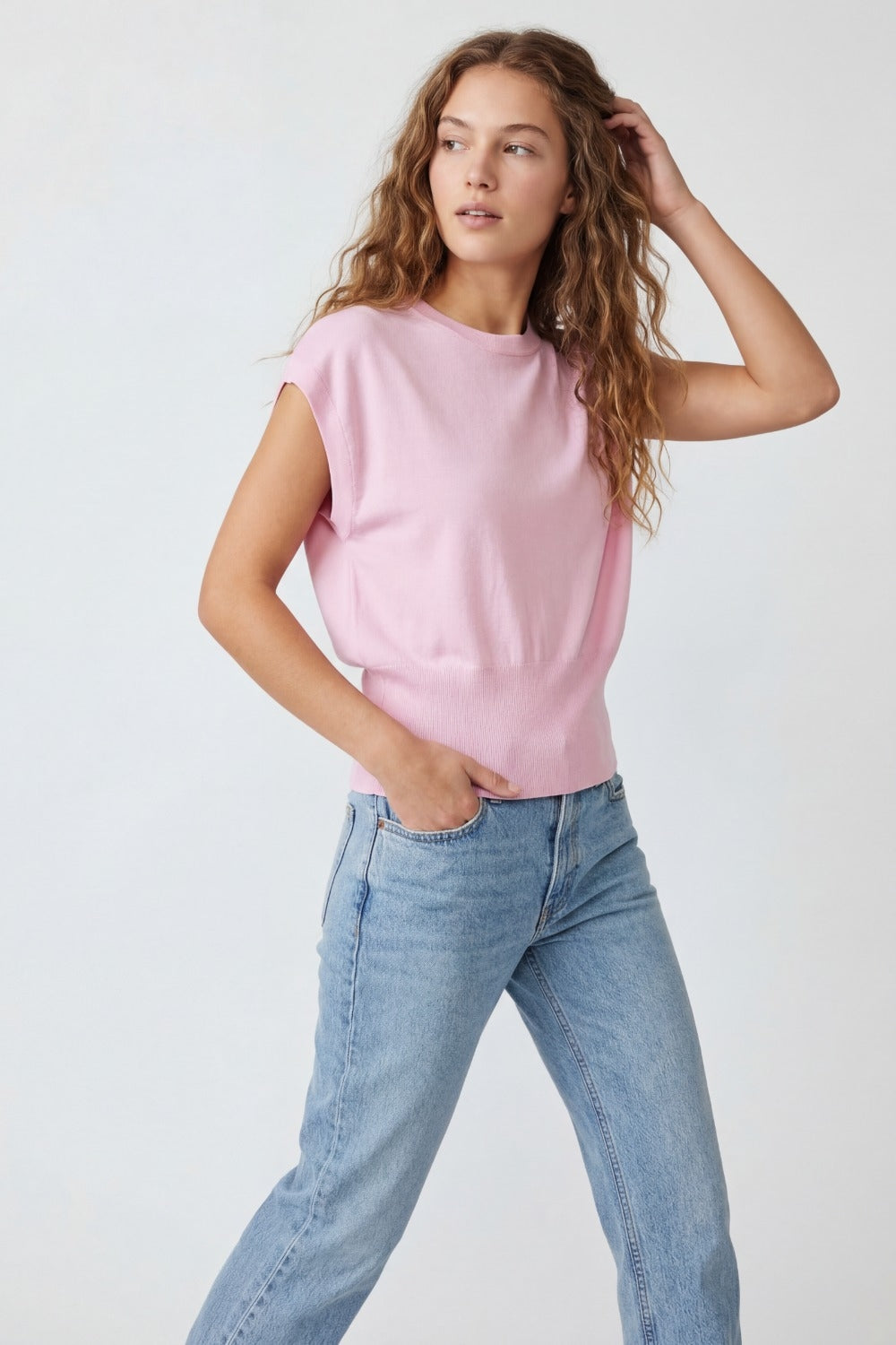 Maglione in maglia leggera con ampia fascia a coste in rosa
