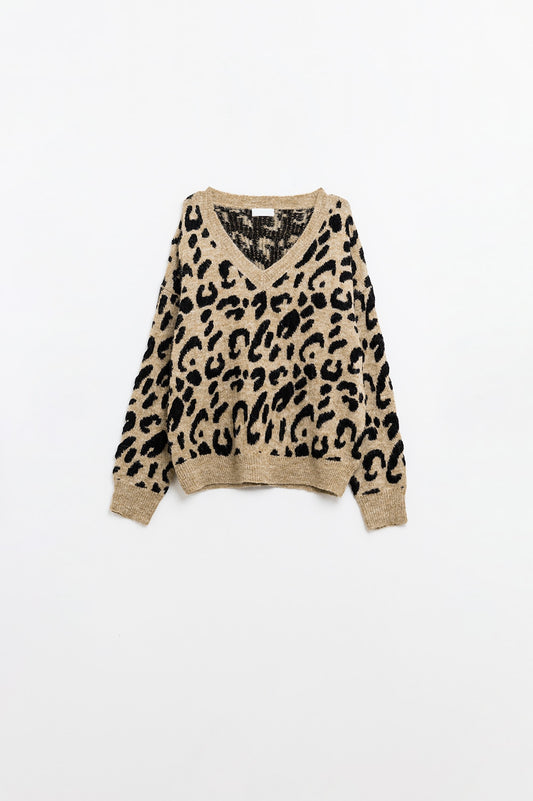 Q2 Maglione in morbida maglia con scollo a V e stampa leopardata