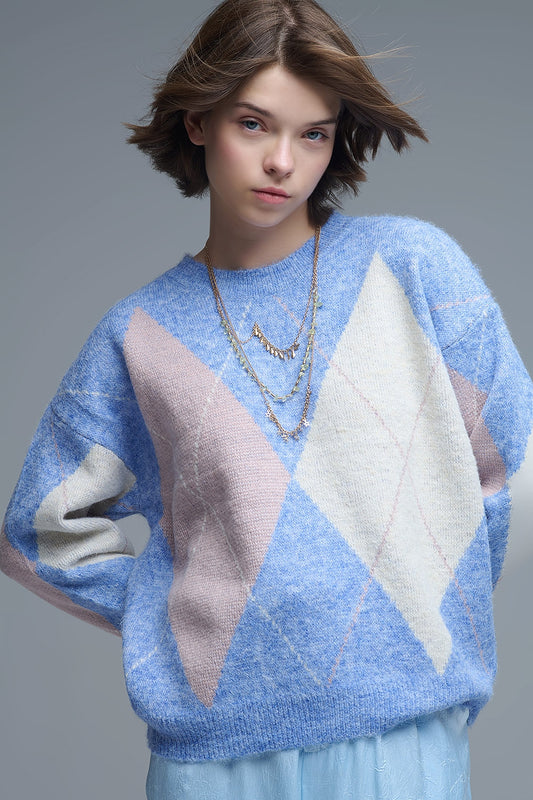 Q2 maglione largo in blu cielo con motivi a rombi