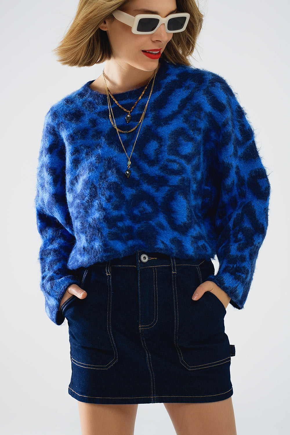 Q2 Maglione leopardato blu in tessuto lavorato a maglia con lana