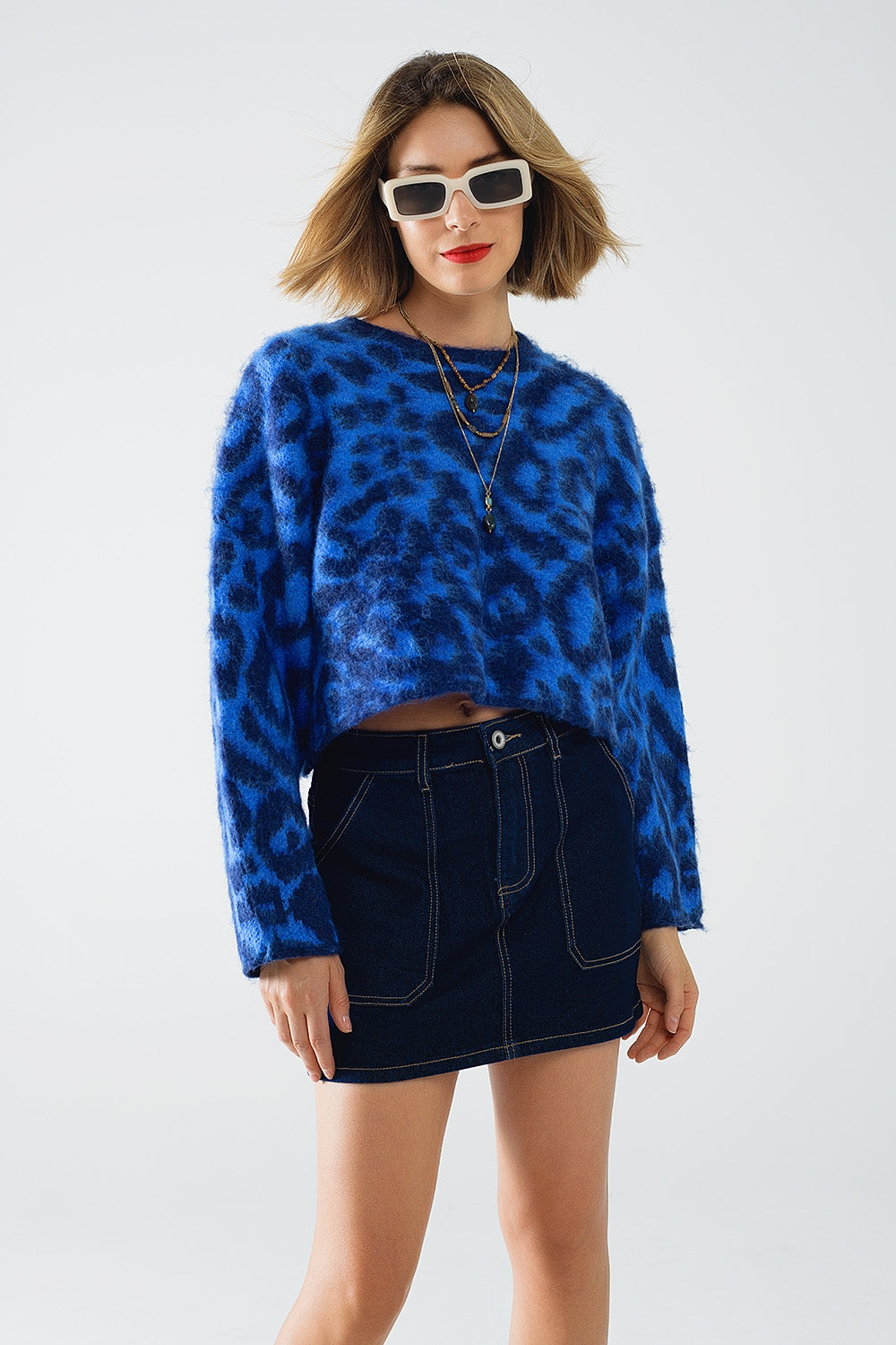 Maglione leopardato blu in tessuto lavorato a maglia con lana