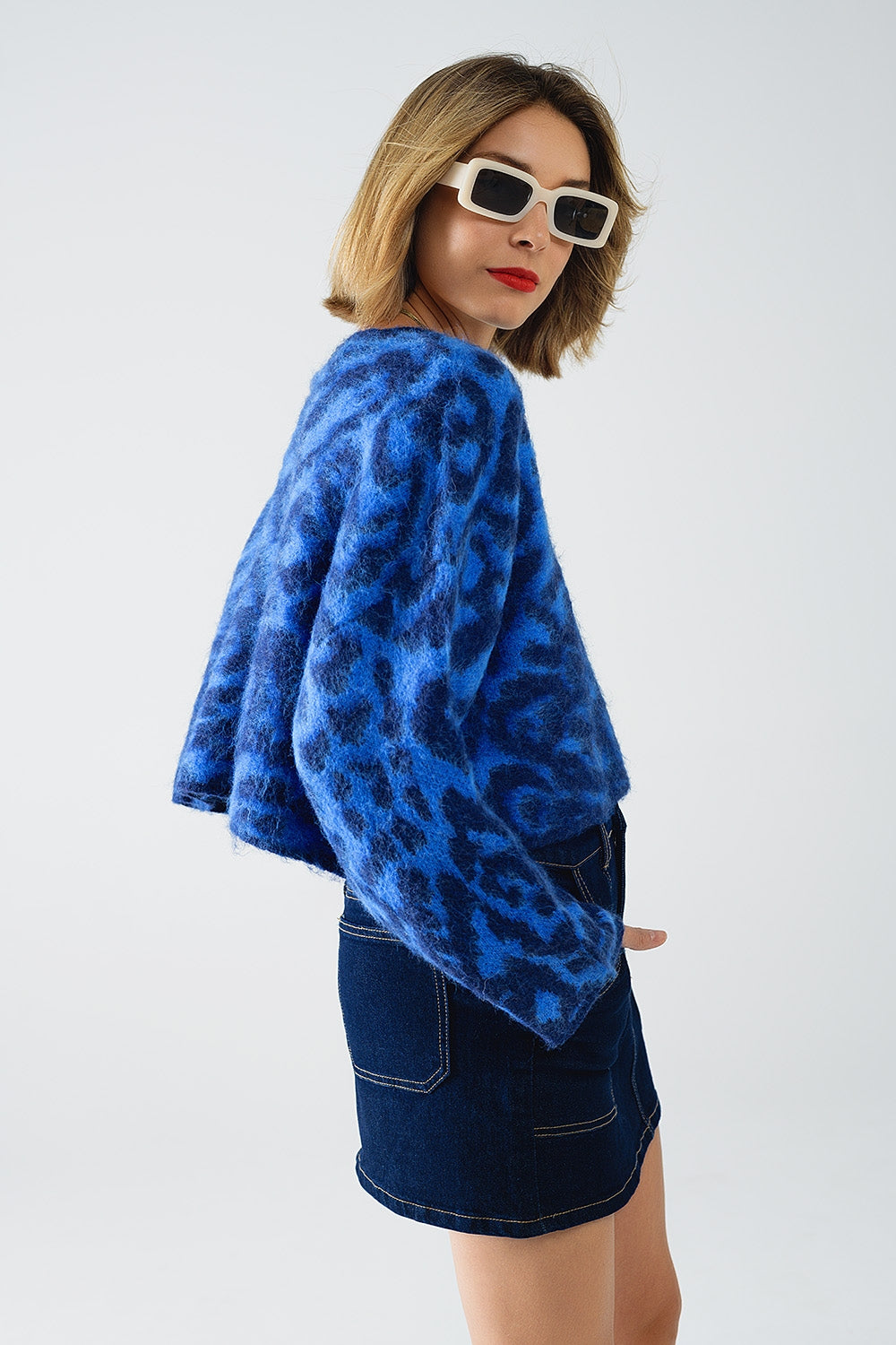 Maglione leopardato blu in tessuto lavorato a maglia con lana