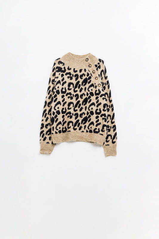 Maglione leopardato con bottoni sul lato