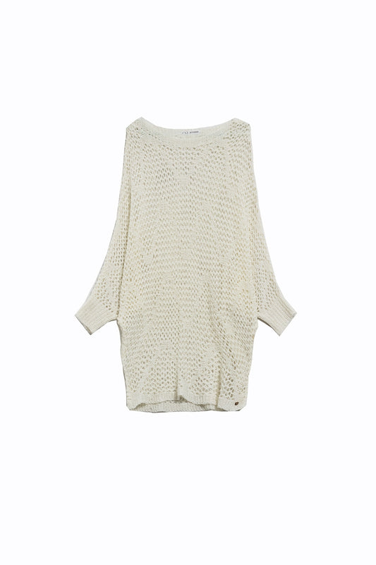 Q2 Maglione lungo all'uncinetto in crema con design a pipistrello