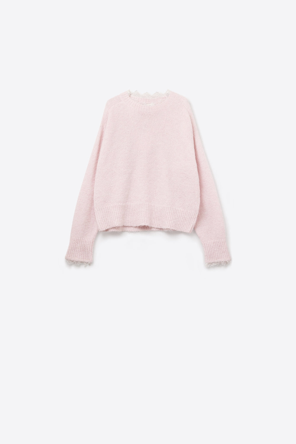 Maglione lungo oversize rosa con dettagli in pizzo su polsini e collo