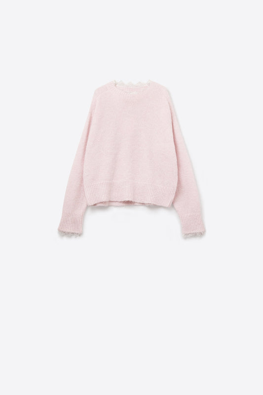 Maglione lungo oversize rosa con dettagli in pizzo su polsini e collo