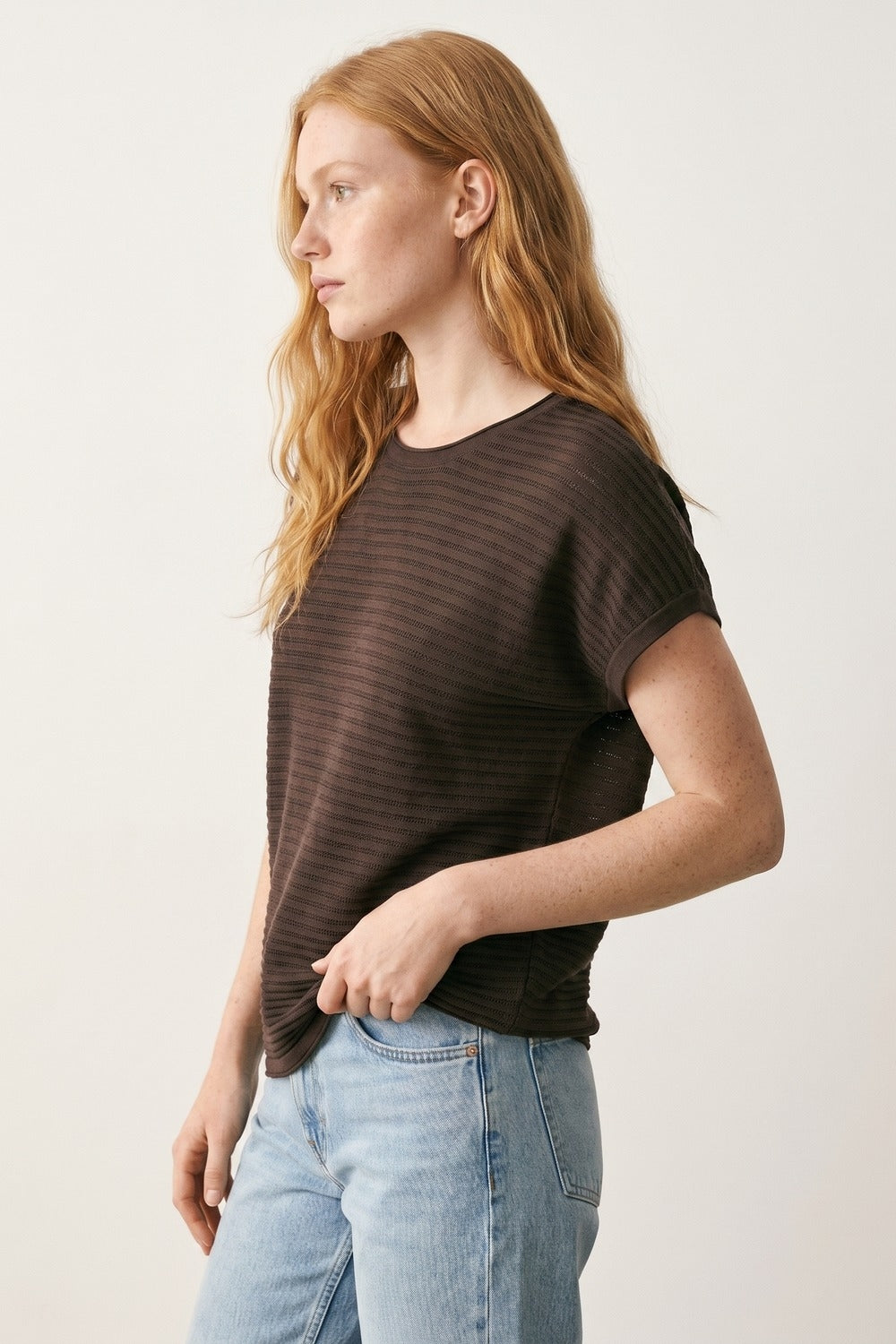Maglione Marrone a Coste a Maniche Corte Relaxed