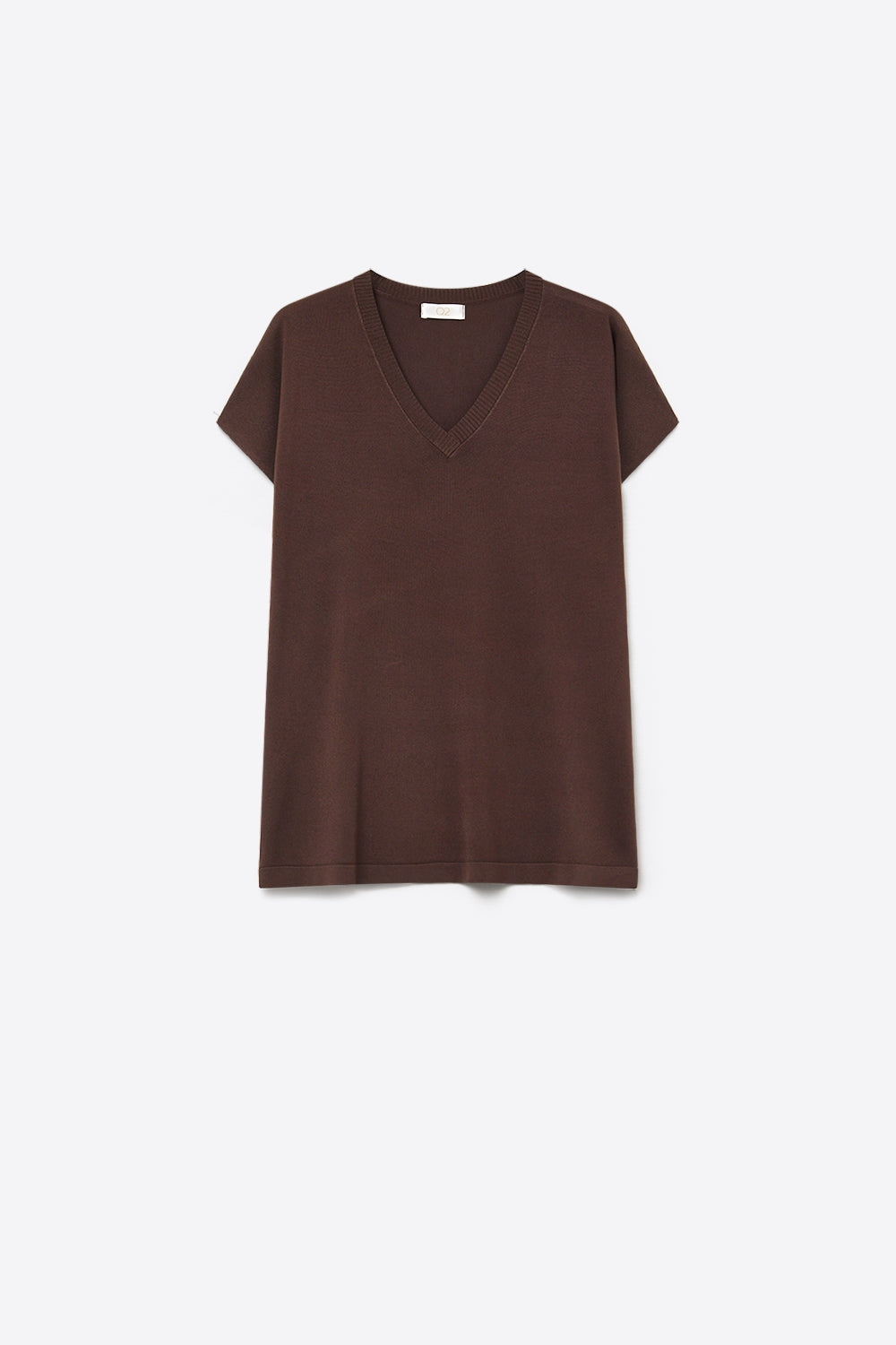 Q2 Maglione marrone a maglia fine con scollo a V e maniche corte