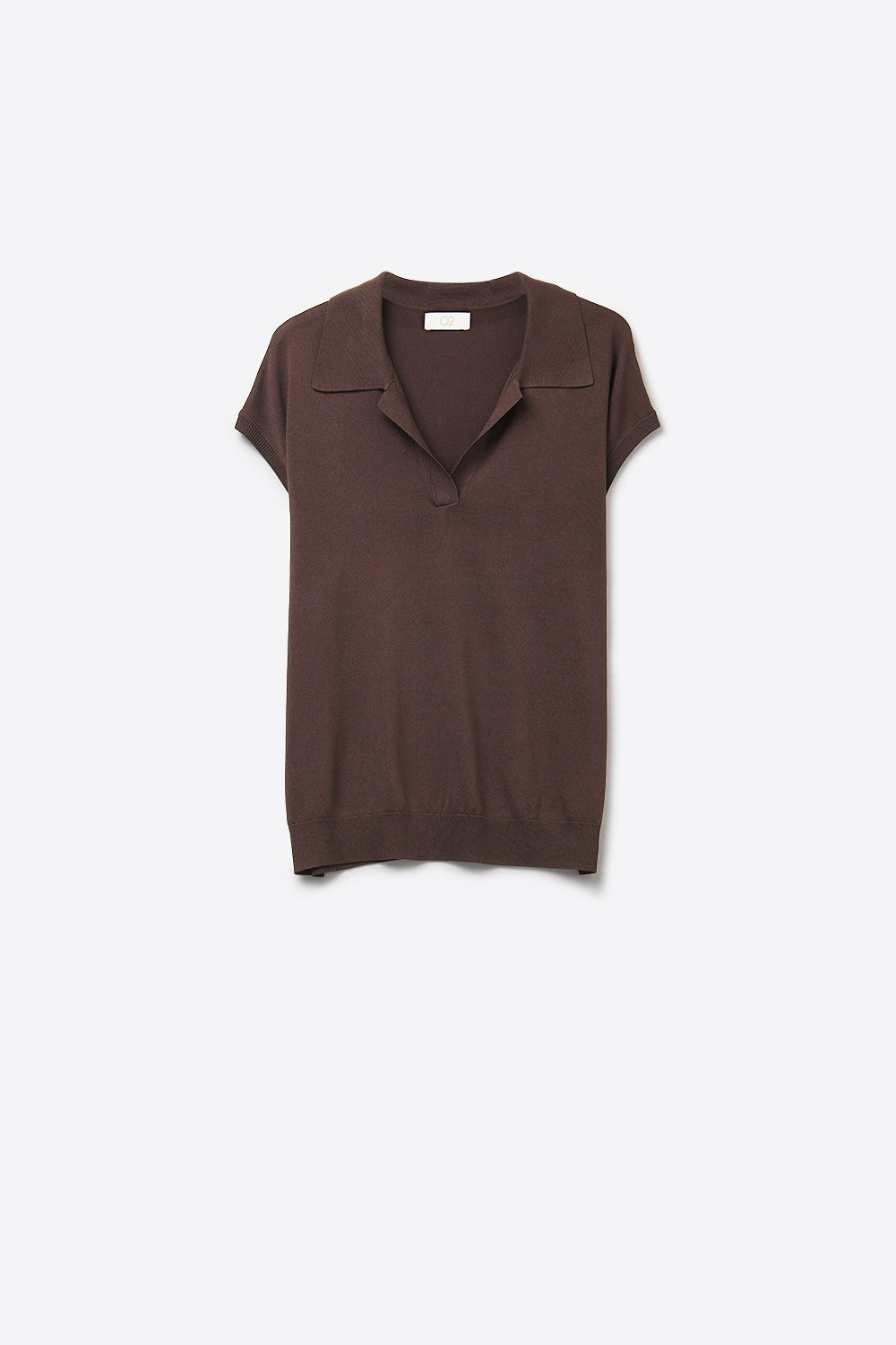 Q2 Maglione Marrone a Maniche Corte in Maglia Fine con Colletto