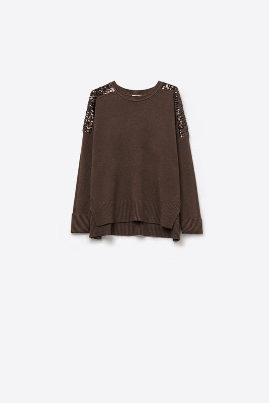 Q2 Maglione marrone a maniche lunghe con paillettes sulle spalle
