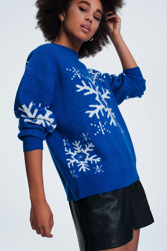 Q2 Maglione natalizio con fiocchi di neve in blu