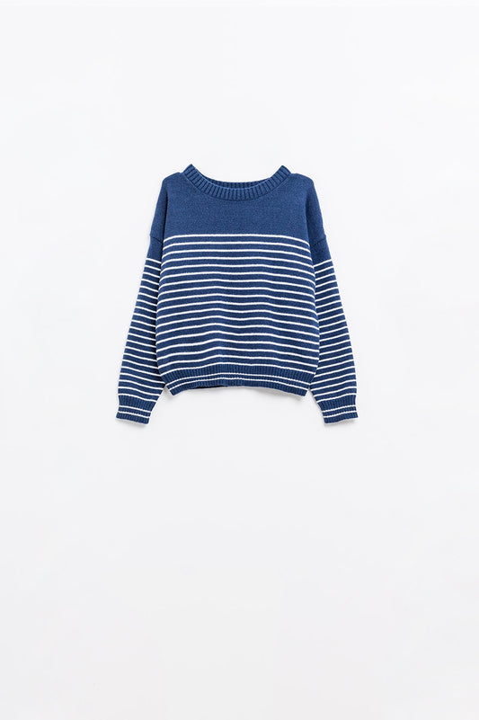 Q2 maglione navy a righe bianche con collo a barca