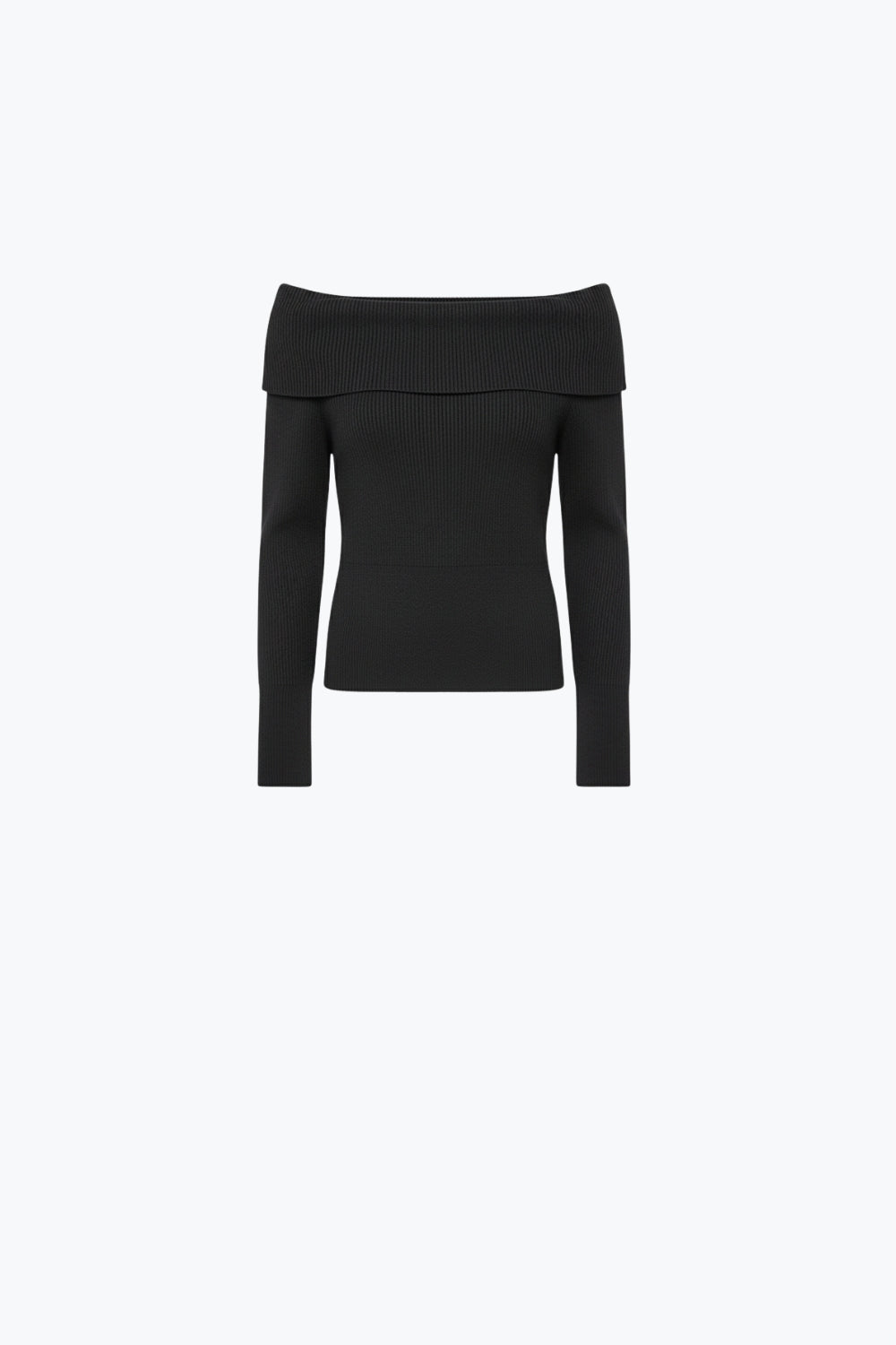 Q2 maglione nero a coste sottili con ampio scollo a barca