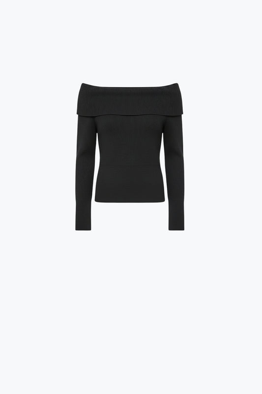 Q2 maglione nero a coste sottili con ampio scollo a barca