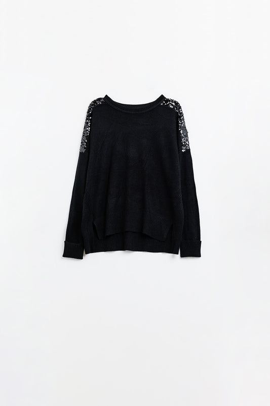 Q2 Maglione nero a maniche lunghe con paillettes sulle spalle