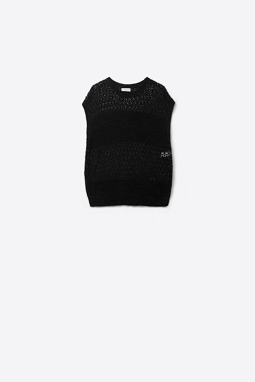 Q2 Maglione nero con morbida maglia aperta e maniche scese